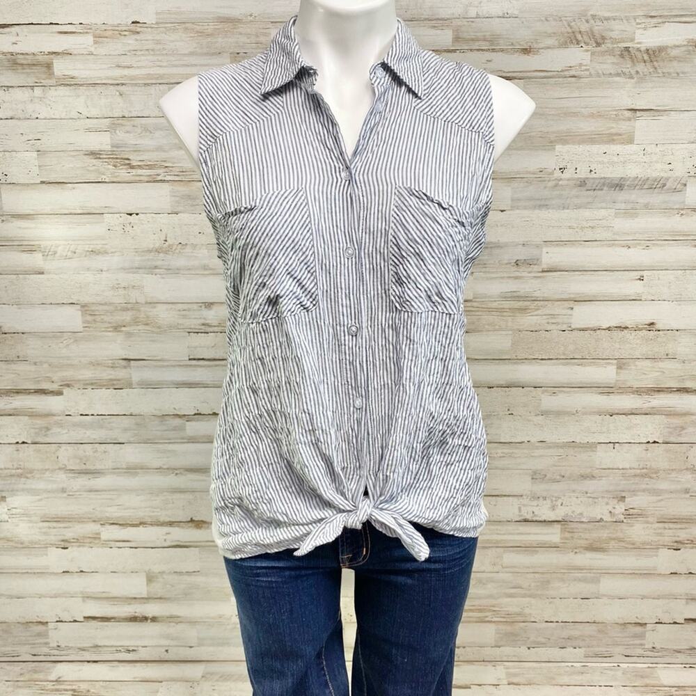 Anthro Drew Striped Top Womens Size S Blue Gray Crinkle Front Knit Back - Picture 2 of 15